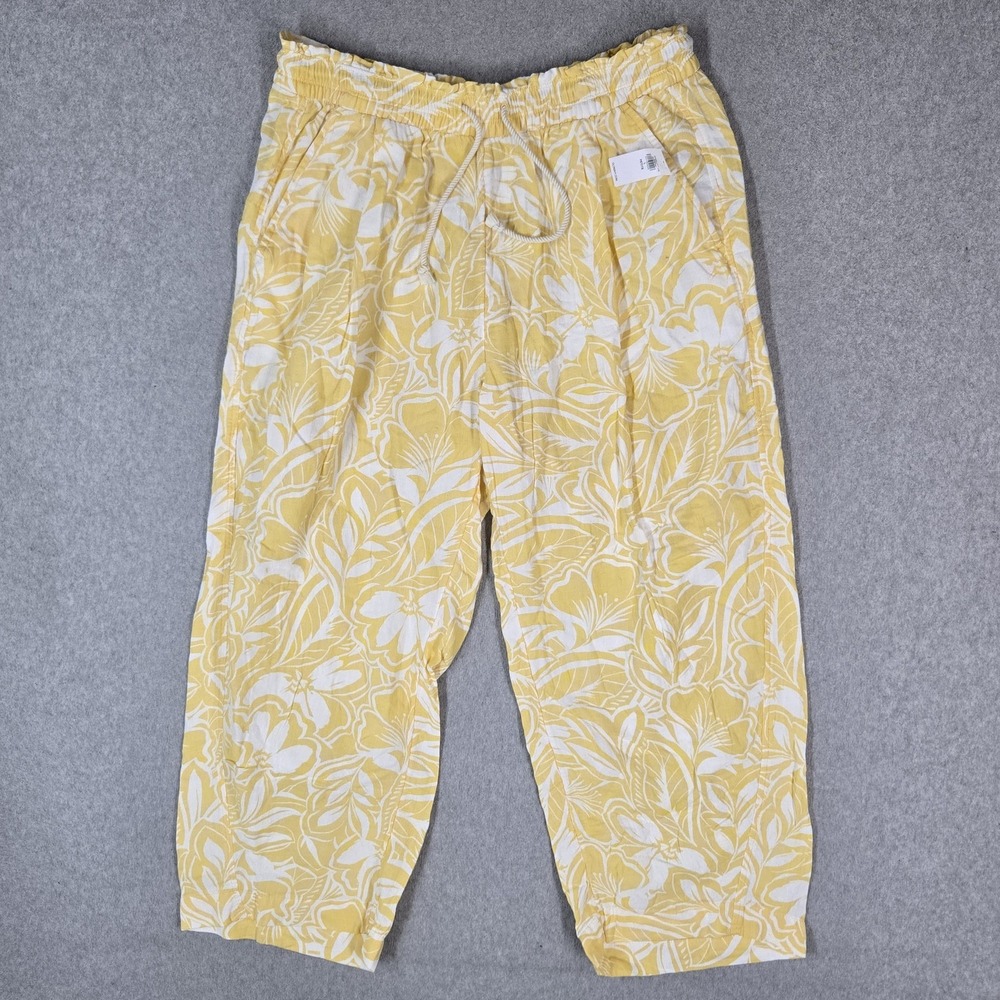 Old Navy Women Pants L PETITE Yellow Barrel Leg Floral Cropped High-Rise
